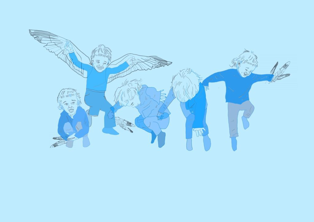 Illustration af børn med fjer og vinger